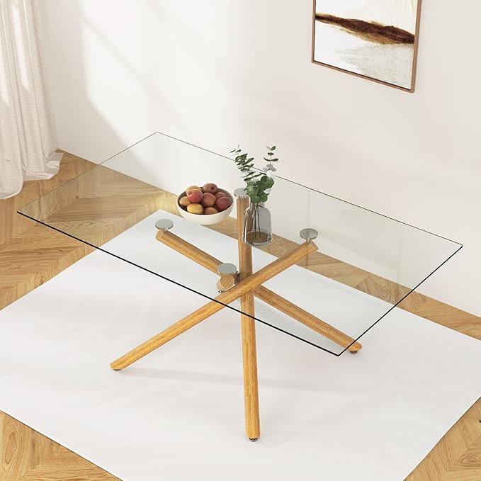 NicBex Large Modern Minimalist Rectangular Glass Dining Table for 6-8 with 0.39" Tempered Glass Tabletop and Wood Color Metal Legs, for Kitchen Dining Living Meeting Room Banquet Hall, Wood - LeafyLoom