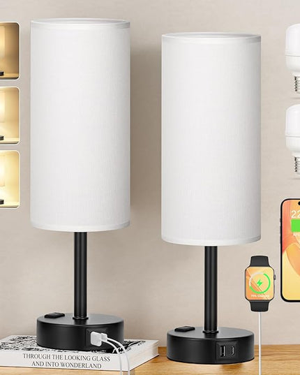 White Bedroom Lamps Set of 2-3 Way Dimmable Touch Table Lamps with USB C and A Ports, Bedside Lamps for Nightstand with AC Outlet, Small Desk Lamps with Black Base for Office Hotel - LeafyLoom