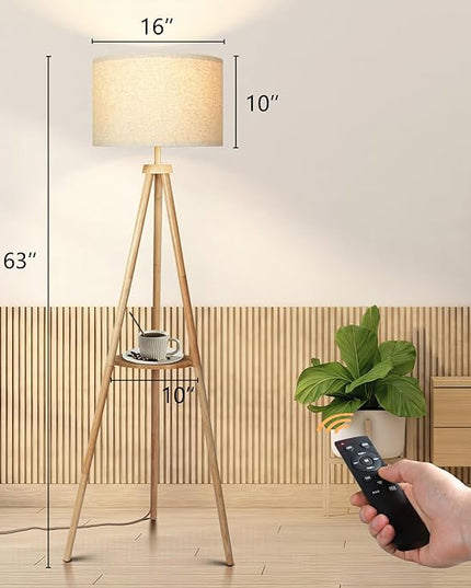 OUTON Wood Tripod Floor Lamp with Shelves, Mid Century Dimmable Floor Lamp with Remote Control, LED Tall Standing Lamp for Living Room Bedroom Office (Yellow Oak) - LeafyLoom