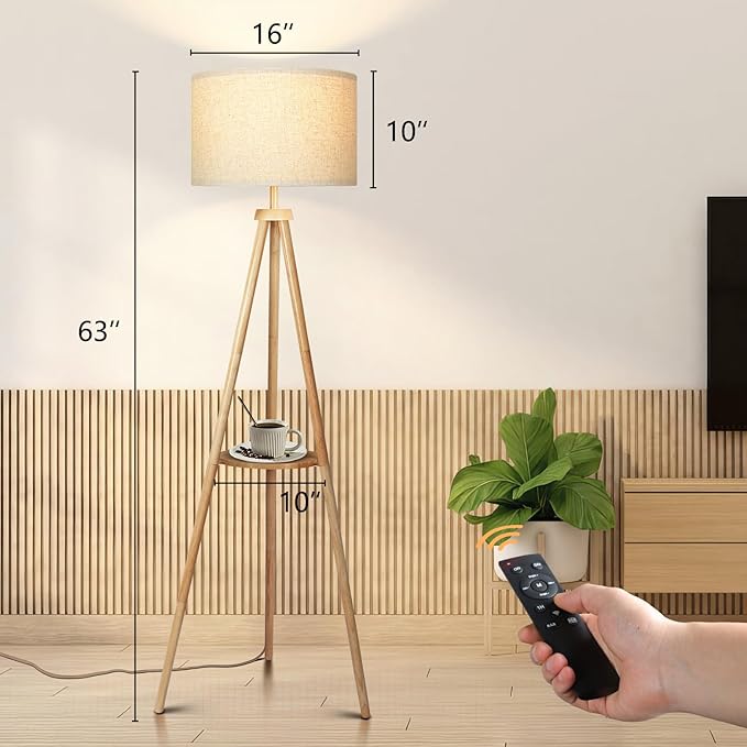 OUTON Wood Tripod Floor Lamp with Shelves, Mid Century Dimmable Floor Lamp with Remote Control, LED Tall Standing Lamp for Living Room Bedroom Office (Yellow Oak) - LeafyLoom