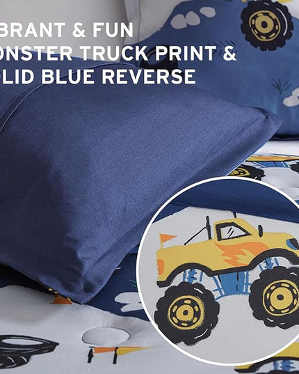 Mi Zone Kids Queen Comforter Set for Boys 4 Piece Monster Truck Comforter Set, Queen Bedding Set, Teen Microfiber Bed Set, Matching Shams, Embroidered Truck Throw Pillow, Full/Queen, Blue - LeafyLoom