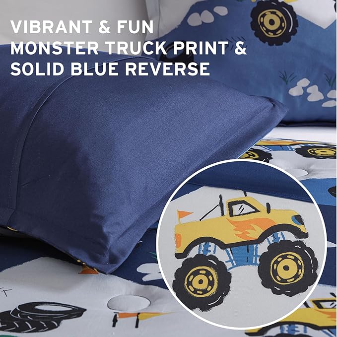 Mi Zone Kids Queen Comforter Set for Boys 4 Piece Monster Truck Comforter Set, Queen Bedding Set, Teen Microfiber Bed Set, Matching Shams, Embroidered Truck Throw Pillow, Full/Queen, Blue - LeafyLoom