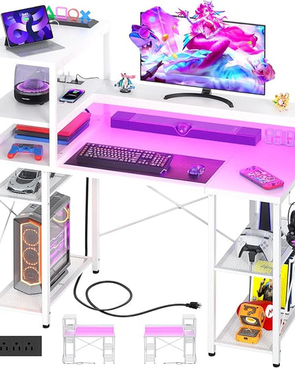 Cyclysio Gaming Desk with LED Light, 47 inch Computer Desk with Storage Shelves, Adjustable Home Office Desk with Power Outlets, Computer Gaming Desk with Long Monitor Stand for Small Space, White - LeafyLoom