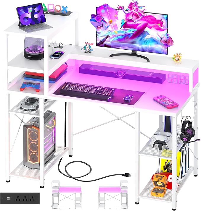 Cyclysio Gaming Desk with LED Light, 47 inch Computer Desk with Storage Shelves, Adjustable Home Office Desk with Power Outlets, Computer Gaming Desk with Long Monitor Stand for Small Space, White - LeafyLoom