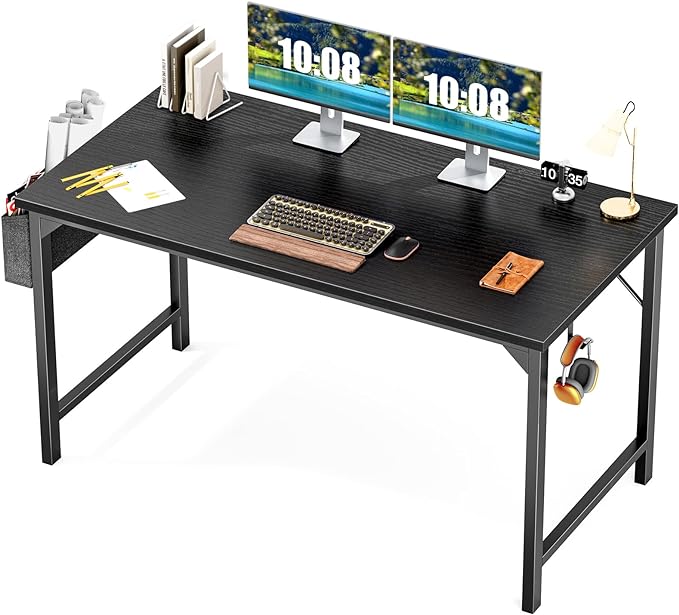JHK Computer Desk Office 48 Inch Writing Work Kids Study Simple Wooden Table for Home Bedroom Modern Style with Headphone Hooks & Storage Bag, Black - LeafyLoom