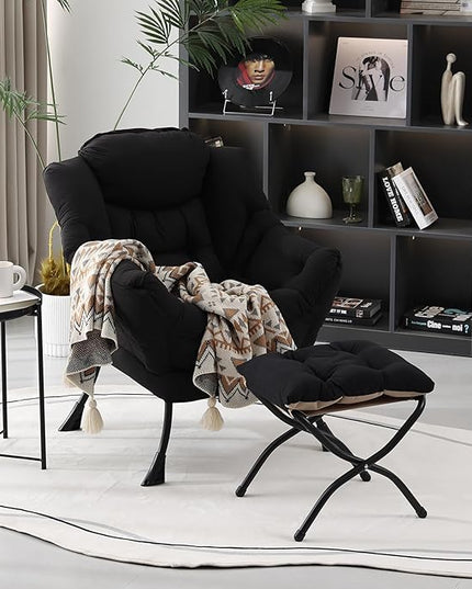 Lazy Chair with Ottoman, Modern Accent Chair Contemporary Lounge Leisure Upholstered Sofa Chair Set with Armrests, Reading Chair for Living Room, Bedroom, Office, Black - LeafyLoom