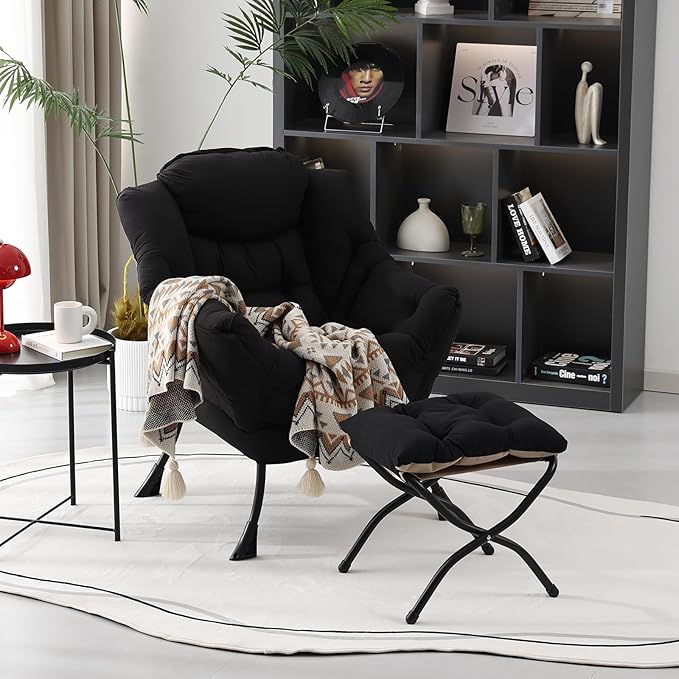 Lazy Chair with Ottoman, Modern Accent Chair Contemporary Lounge Leisure Upholstered Sofa Chair Set with Armrests, Reading Chair for Living Room, Bedroom, Office, Black - LeafyLoom