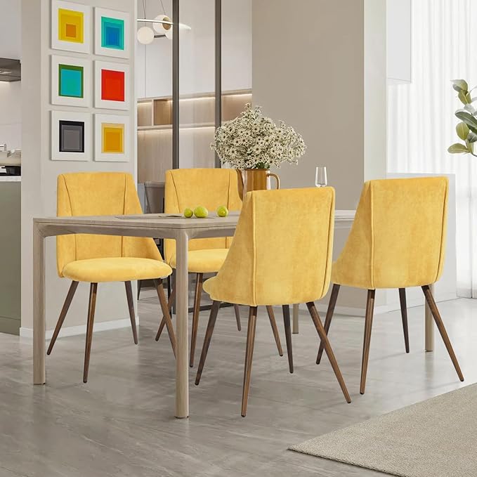 FurnitureR Dining Chairs Set of 2 Modern Fabric Upholstered Side Chairs Accent Chair Lving Room Chair with Soft Seat/Metal Legs for Home Kitchen Restaurant, Yellow - LeafyLoom