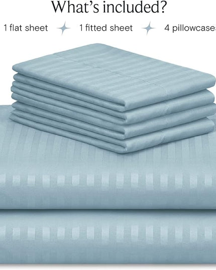 LuxClub 6 PC Cal King Size Sheet Set Bed Sheets, Breathable Luxury Bed Sheets, Deep Pockets 18" Wrinkle Free Cooling Bed Sheets Machine Washable Hotel Bedding (Cal King, Striped Light Blue) - LeafyLoom