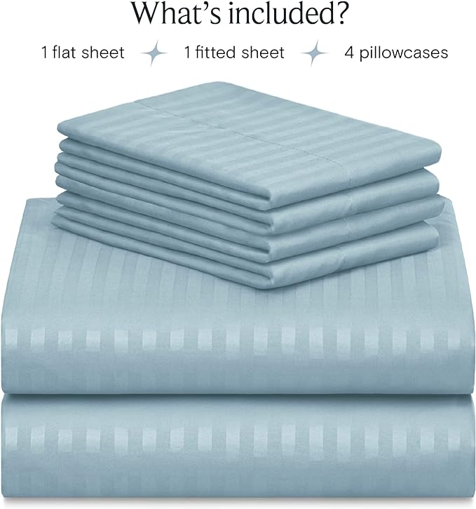 LuxClub 6 PC Cal King Size Sheet Set Bed Sheets, Breathable Luxury Bed Sheets, Deep Pockets 18" Wrinkle Free Cooling Bed Sheets Machine Washable Hotel Bedding (Cal King, Striped Light Blue) - LeafyLoom
