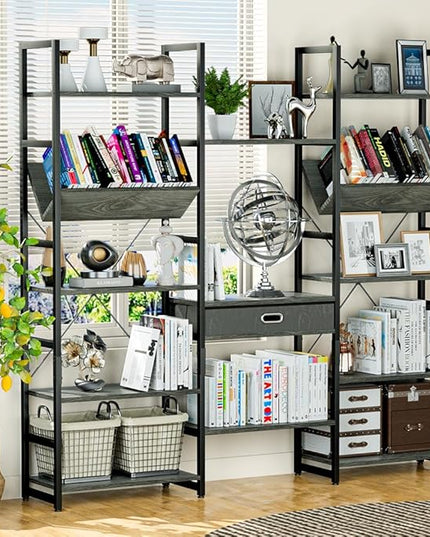 NUMENN Triple Wide 5 Tier Bookshelf, Adjustable Rustic Industrial Style Book Shelves, Modern Bookcases and Bookshelves Furniture for Bedroom, Living Room and Home Office, Dark Grey - LeafyLoom