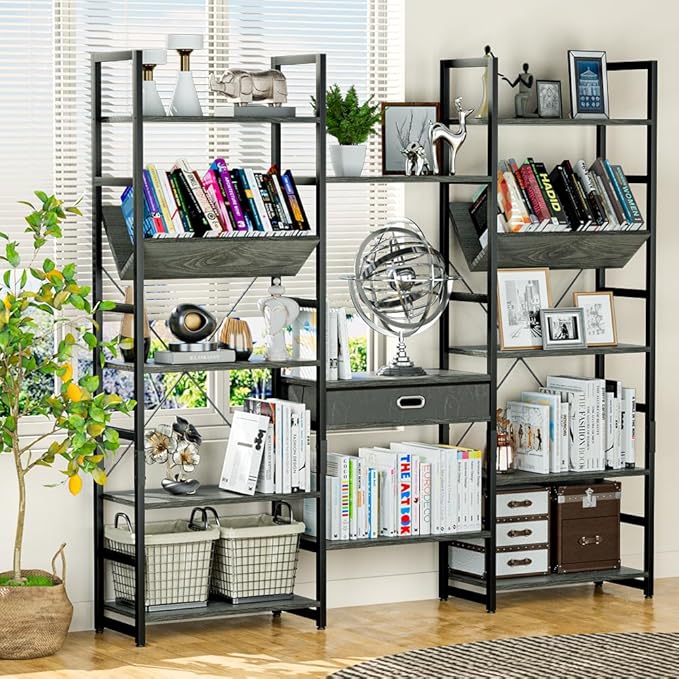 NUMENN Triple Wide 5 Tier Bookshelf, Adjustable Rustic Industrial Style Book Shelves, Modern Bookcases and Bookshelves Furniture for Bedroom, Living Room and Home Office, Dark Grey - LeafyLoom