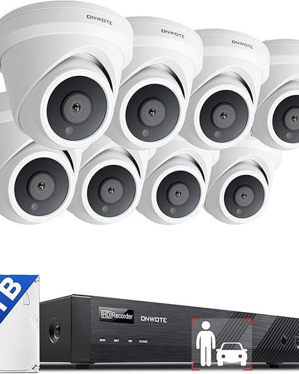 ONWOTE NVR PoE Security Camera System 4K, 16 Channel 12MP Commercial NVR 4TB, 8X 8MP Wired Outdoor IP Cameras, 134° FoV, AI Detection, 24/7 Video Audio Recording, CCTV Surveillance for Home Business ONWOTE
