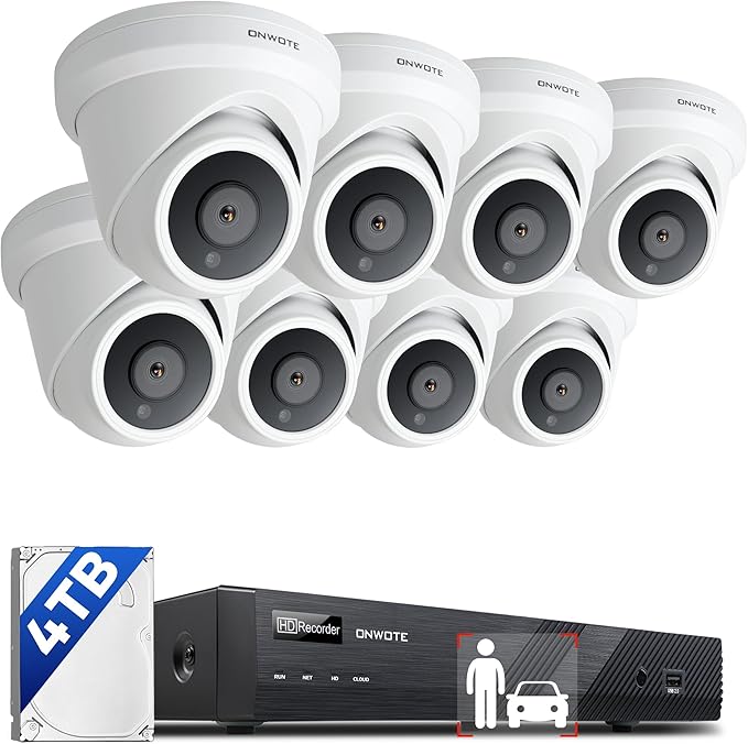 ONWOTE NVR PoE Security Camera System 4K, 16 Channel 12MP Commercial NVR 4TB, 8X 8MP Wired Outdoor IP Cameras, 134° FoV, AI Detection, 24/7 Video Audio Recording, CCTV Surveillance for Home Business ONWOTE