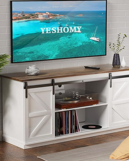 YESHOMY Farmhouse TV Stand and Entertainment Center for Televisions up to 65 Inchs, with Sliding Barn Doors and Storage Cabinets, Console Table and Media Furniture for Living Room, 58 Inch, Milk White - LeafyLoom