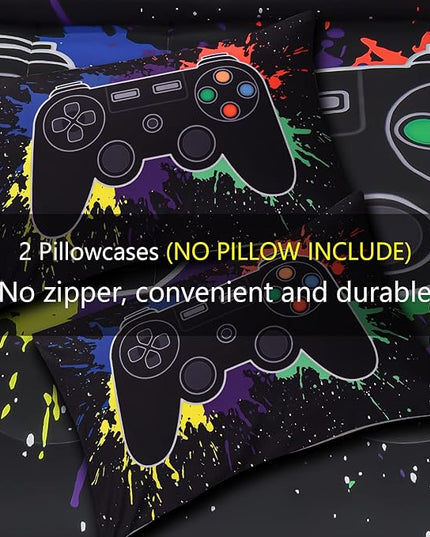6Pcs Gamer Comforter Set with Sheets for Boys Girls Kids Teens, Colorful Graffiti Gaming Themed Bed in A Bag Twin Size, Black 3D Video Game Controller Bedroom Decor Bedding Set - LeafyLoom