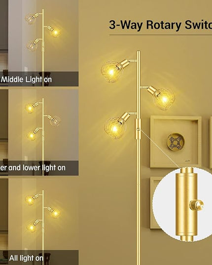 Gold Floor Lamp, Industrial Floor Lamp, Modern Standing lamp with 3 Adjustable Light, 4W E12 LED Bulbs, Metal Stand Up Lamps, Vintage Farmhouse Tree Floor Lamps for Living Room/Bedroom/Office - LeafyLoom