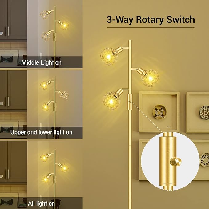 Gold Floor Lamp, Industrial Floor Lamp, Modern Standing lamp with 3 Adjustable Light, 4W E12 LED Bulbs, Metal Stand Up Lamps, Vintage Farmhouse Tree Floor Lamps for Living Room/Bedroom/Office - LeafyLoom