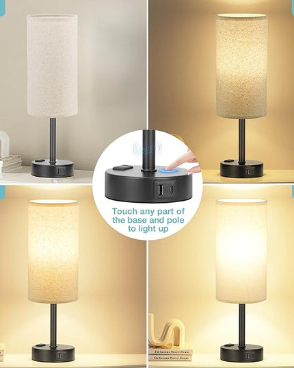 Beige Touch Table Lamp for Bedroom - 3 Way Dimmable Bedside Lamp USB C Charging Ports and AC Outlet, Small Lamp with Fabric Shade Black Base for Living Room, Office Desk, LED Bulb Included - LeafyLoom