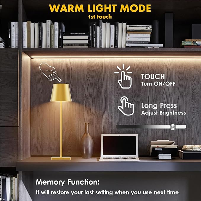 2-Pack LED Cordless Table Lamp with RGB & Stepless Dimming, 3W 5500mAh Rechargeable Table Lamps Battery Operated Table Light Stepless Dimmable Portable Table Lamp for Table/Bedroom/Outdoor (Gold) - LeafyLoom