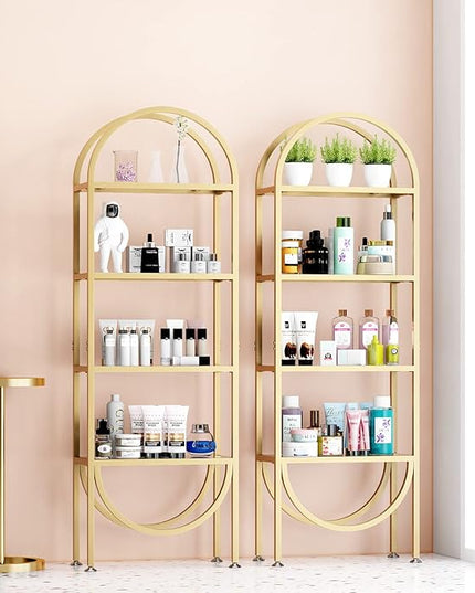Freestanding Gold Bookshelves with Glass Shelves Storage, Modern Gold Bookcase with 4 Tier Glass Shelves, Gold Storage Organizer for Office, Living Room - LeafyLoom