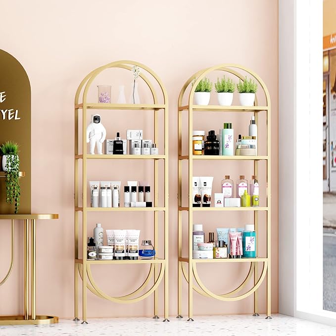 Freestanding Gold Bookshelves with Glass Shelves Storage, Modern Gold Bookcase with 4 Tier Glass Shelves, Gold Storage Organizer for Office, Living Room - LeafyLoom