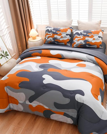 Meeting Story Camouflage Bedding Set, Colorful Pattern Style Comforter Set, 5 PCS One Comforter Two Pillowcases Two Sheets in One Bag, All Season Bedspread for Teens Adults (Orange, Full 5Pcs) - LeafyLoom