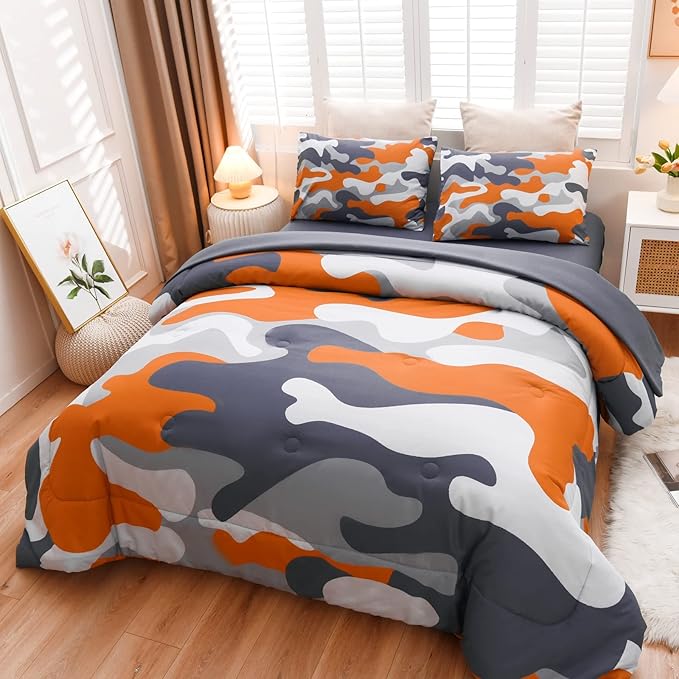 Meeting Story Camouflage Bedding Set, Colorful Pattern Style Comforter Set, 5 PCS One Comforter Two Pillowcases Two Sheets in One Bag, All Season Bedspread for Teens Adults (Orange, Full 5Pcs) - LeafyLoom