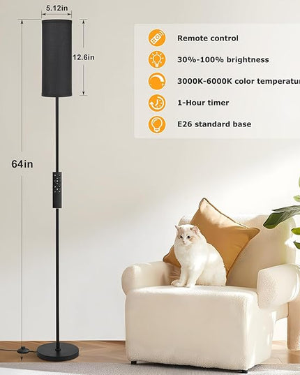 Ambimall 64'' Floor Lamps for Living Room with Remote Control and Stepless Dimmable Colors Temperature & Brightness, 9W Bulb Included(Black Lampshade & Black Pole) - LeafyLoom