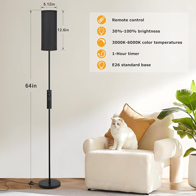 Ambimall 64'' Floor Lamps for Living Room with Remote Control and Stepless Dimmable Colors Temperature & Brightness, 9W Bulb Included(Black Lampshade & Black Pole) - LeafyLoom