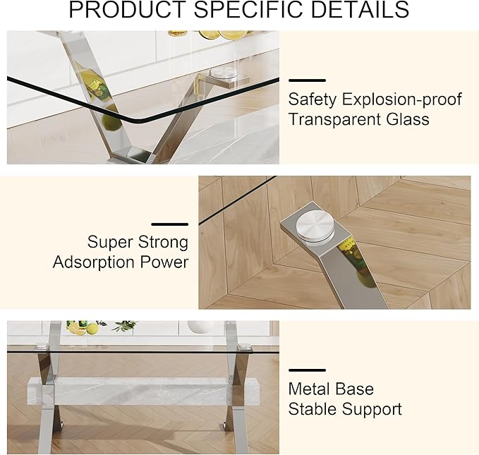NicBex Dining Table Modern Tempered Glass Dining Table Large Modern Office Desk with Silver Plated Metal Legs and MDF Crossbars, Suitable for Both Home and Office Use, Silver + White - LeafyLoom