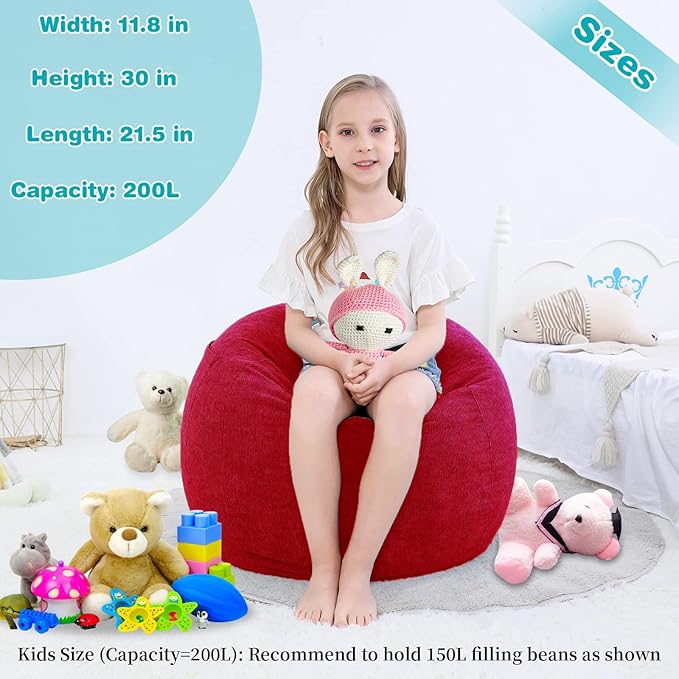 Stuffed Animal Storage Bean Bag Chair Cover (No Filler) for Kids and Adults.Soft Premium Corduroy Stuffable Beanbag for Organizing Children Plush Toys or Memory Foam Small 100L (Red) - LeafyLoom