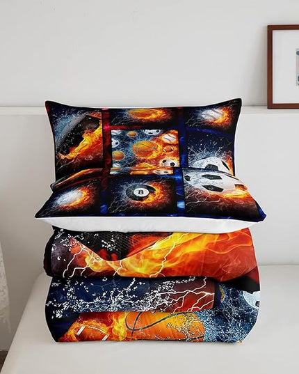 Sports Comforter Sets For Boys Twin,Teen Basketball Baseball Football Bedding Comforter Set For Men Volleyball Soccer Hockey Quilt Comforter,Red Blue Water And Fire Lightning Bed Duvet 1 Pillow Case - LeafyLoom