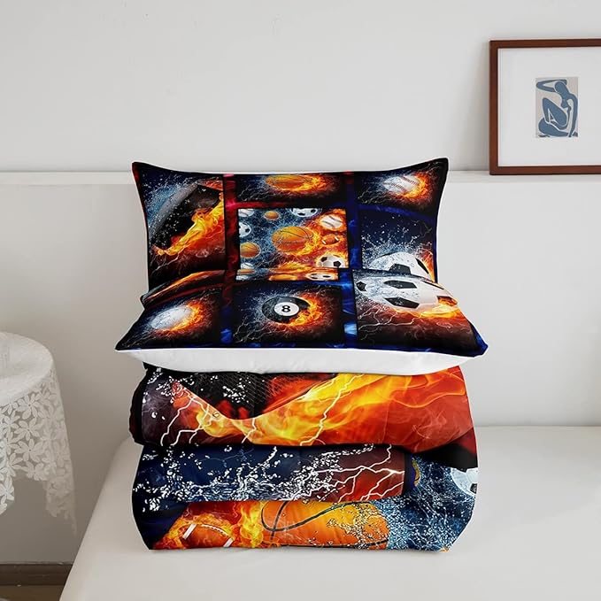 Sports Comforter Sets For Boys Twin,Teen Basketball Baseball Football Bedding Comforter Set For Men Volleyball Soccer Hockey Quilt Comforter,Red Blue Water And Fire Lightning Bed Duvet 1 Pillow Case - LeafyLoom