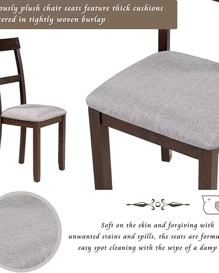 5 Piece Industrial Dining Set with Solid Wood Table and 4 High-density Foam Burlap Upholstered Cushions Chairs for Kitchen, Diningroom, Living Room, Easy to Assemble, Espresso+Grey - LeafyLoom