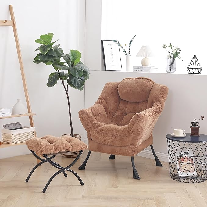 LITA Lazy Chair with Ottoman, Modern Accent Leisure Upholstered Sofa Chair, Lounge Reading Chair with Armrests and a Side Pocket for Living Room, Bedroom & Small Space, Plush Brown - LeafyLoom