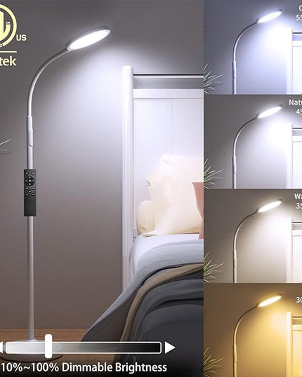 White Floor Lamp,Super Bright Dimmable Led Floor Lamps for Living Room, Custom Color Temperature Standing Lamp with Remote Push Button, Adjustable Gooseneck Reading Floor Lamp (LK-1006) - LeafyLoom