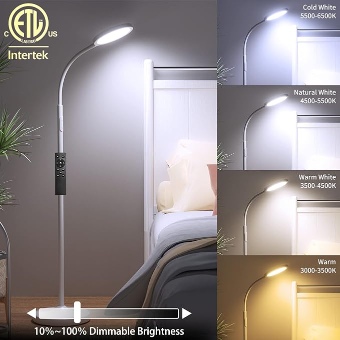 White Floor Lamp,Super Bright Dimmable Led Floor Lamps for Living Room, Custom Color Temperature Standing Lamp with Remote Push Button, Adjustable Gooseneck Reading Floor Lamp (LK-1006) - LeafyLoom