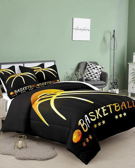 NINENINE Black and Gold Basketball Comforter Set for Boys Kids Teens Twin Size Sports Bedding Set Soft Microfiber Quilt Bed Set with 1 Comforter 1Pillowcase - LeafyLoom