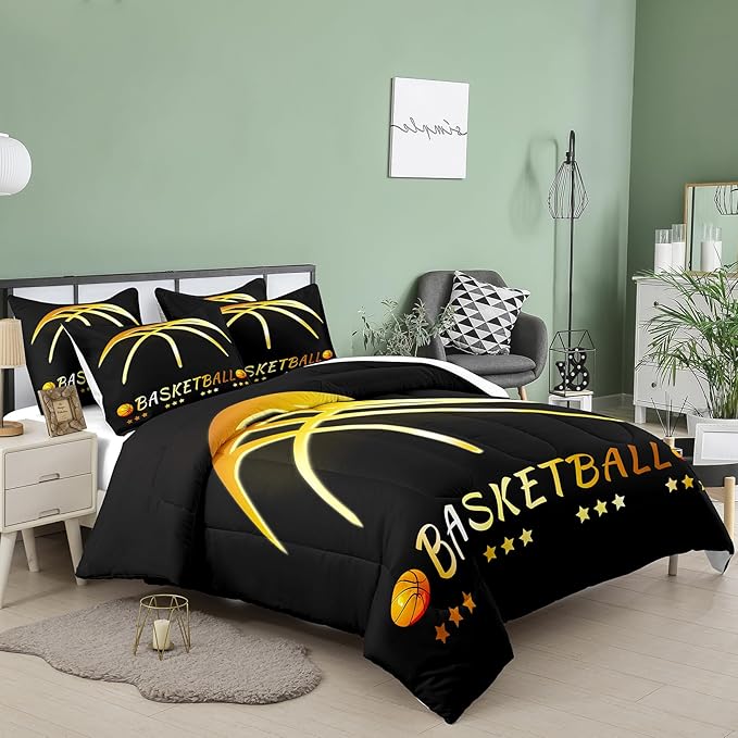 NINENINE Black and Gold Basketball Comforter Set for Boys Kids Teens Twin Size Sports Bedding Set Soft Microfiber Quilt Bed Set with 1 Comforter 1Pillowcase - LeafyLoom