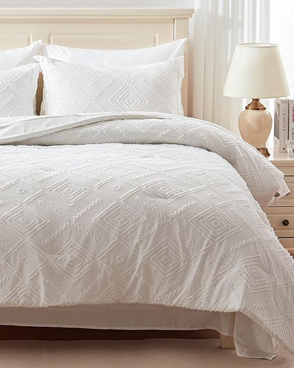 EMME King Comforter Set - 7 Pcs White Boho Comforter Set, Tufted King Size Bedding Sets with Sheets, Shabby Chic Embroidery Bed Set Fluffy Bed Bag for All Season(102"X90") - LeafyLoom
