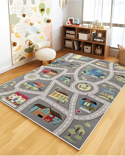 Analog ABC Kids Rug Playroom Car Rug Play Mat City Life Road Rug for Cars Fun City Map for Carpet for Bedroom Boys (78 * 118 inches, Night Township) - LeafyLoom