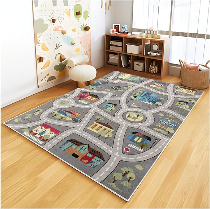 Analog ABC Kids Rug Playroom Car Rug Play Mat City Life Road Rug for Cars Fun City Map for Carpet for Bedroom Boys (31 * 47 inches, Night Township) - LeafyLoom