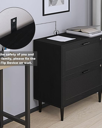 2 Drawer File Cabinet, Lateral File Cabinet with Lock, Rattan Wood Filing Organization Cabinet for Home Office, Black - LeafyLoom