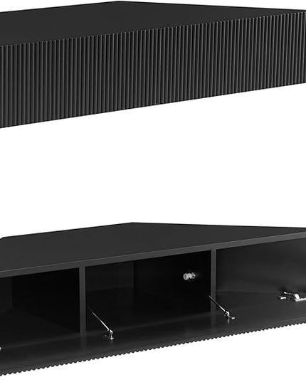 24/7 Shop at Home French 47 inch Modern Floating TV Console Table with 3D Wavy Panel Door, Wood Entertainment Center with Storage Space, Wall Corner Shelf for Living Room, Bedroom, Office, Black Pure - LeafyLoom