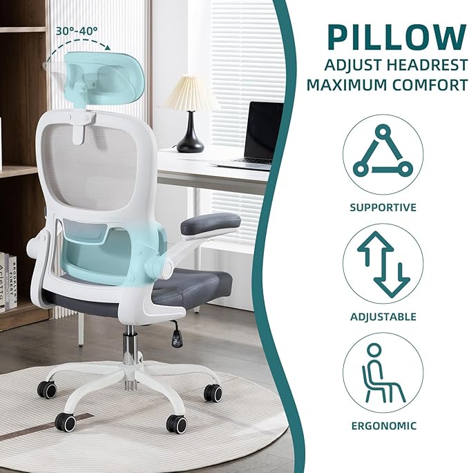 Home Office Chair High Back Computer Desk Chair Ergonomic Task Chair Executive Chair with Lumbar Support Recliner Chair with Adjustable Headrest,Flip-up Armrests (White/Gray with Meatl Base) - LeafyLoom