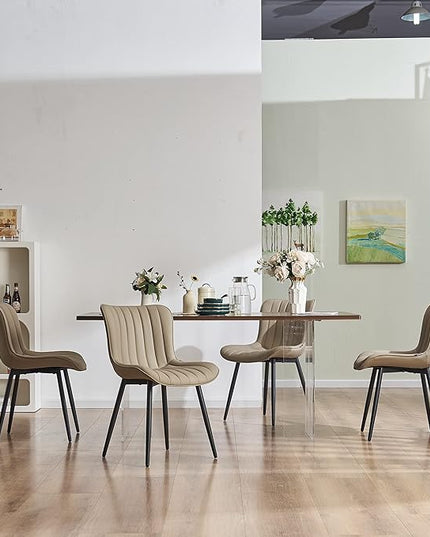 YOUNUOKE Khaki Dining Chairs Set of 2 Upholstered Mid Century Modern Kitchen Chairs Armless Faux Leather Side Chair with Padded Back Metal Legs for Living Room Bedrooms - LeafyLoom