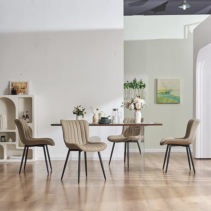 YOUNUOKE Khaki Dining Chairs Set of 2 Upholstered Mid Century Modern Kitchen Chairs Armless Faux Leather Side Chair with Padded Back Metal Legs for Living Room Bedrooms - LeafyLoom