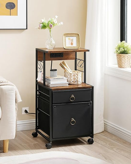 HOOBRO 2-Drawer File Cabinet, Filing Cabinet with Charging Station, Vertical Office Cabinet with Open Storage Shelf, Printer Stand, A4/Letter Size, Nonwovens Drawer, Rustic Brown and Black BFK23UWJ01 - LeafyLoom
