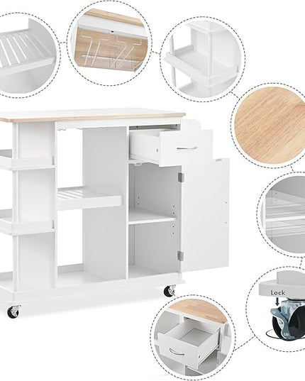 Kitchen Island Cabinet with Side Storage & Rubber Wood Top, Multipurpose Mobile Cart On Wheels w/Wine Rack and Adjustable Shelves for Dining Room, Home, Bar - LeafyLoom